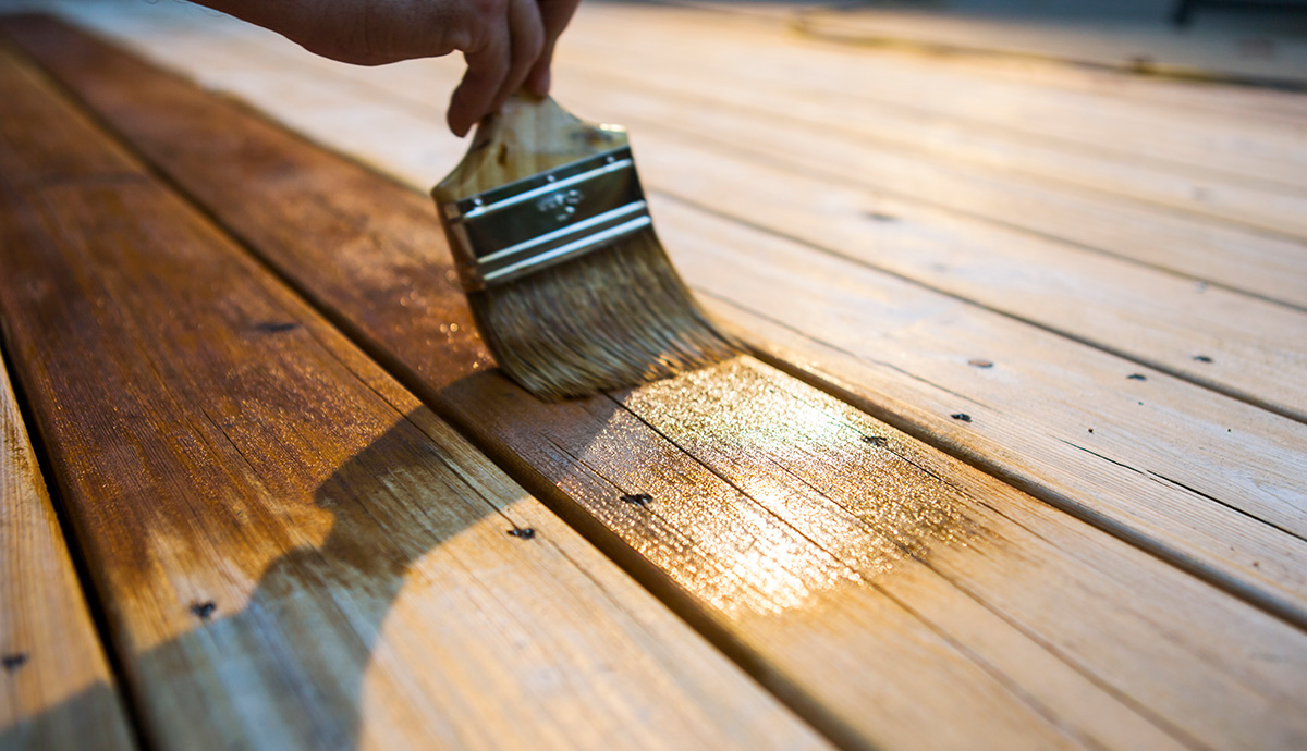 Male Carpenter Applying Varnish To Wooden Deck